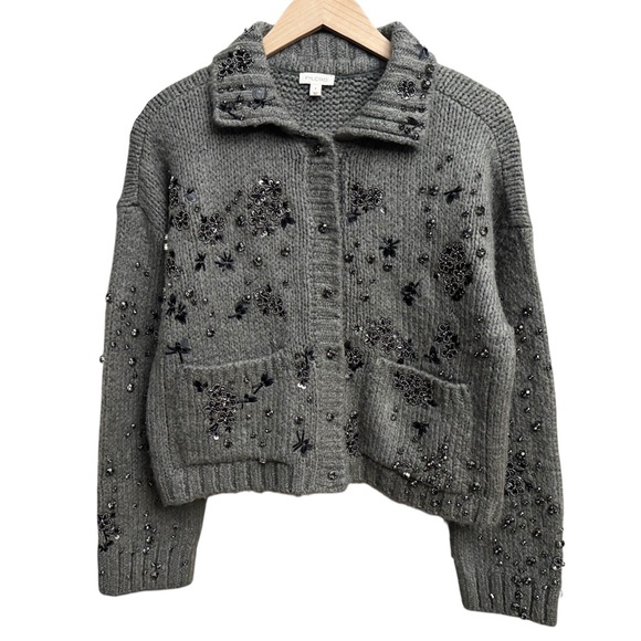 NWT Anthropologie Pilcro Embellished Floral Collared Cardigan Sweater Grey - Picture 2 of 7